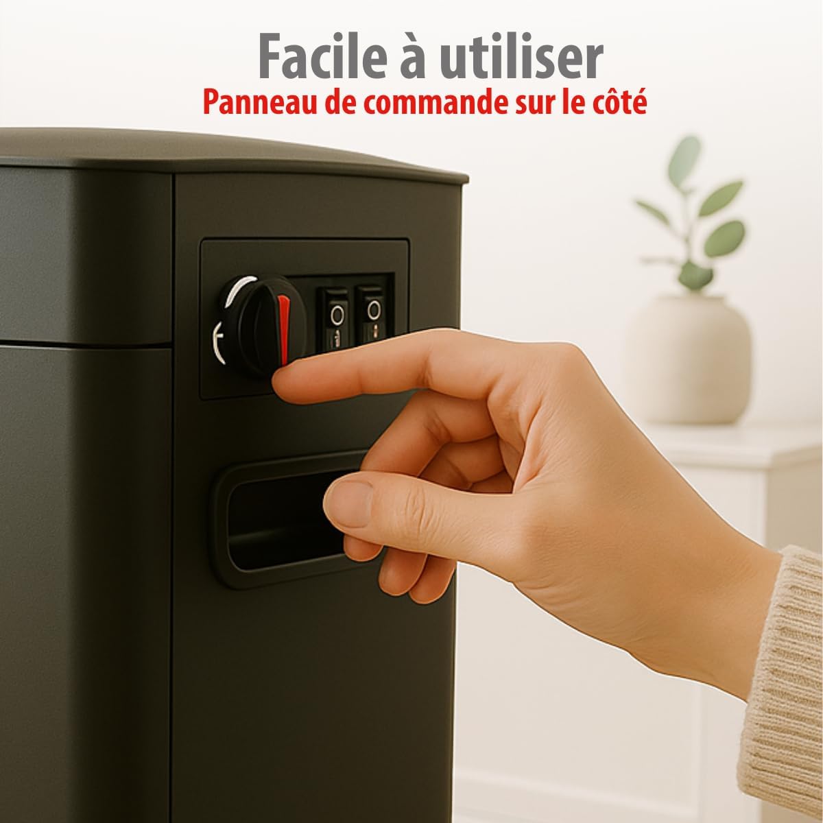 Close-up of the control panel on the side of the Alpina Lucerne Electric Fireplace, showing the thermostat knob and power switches.