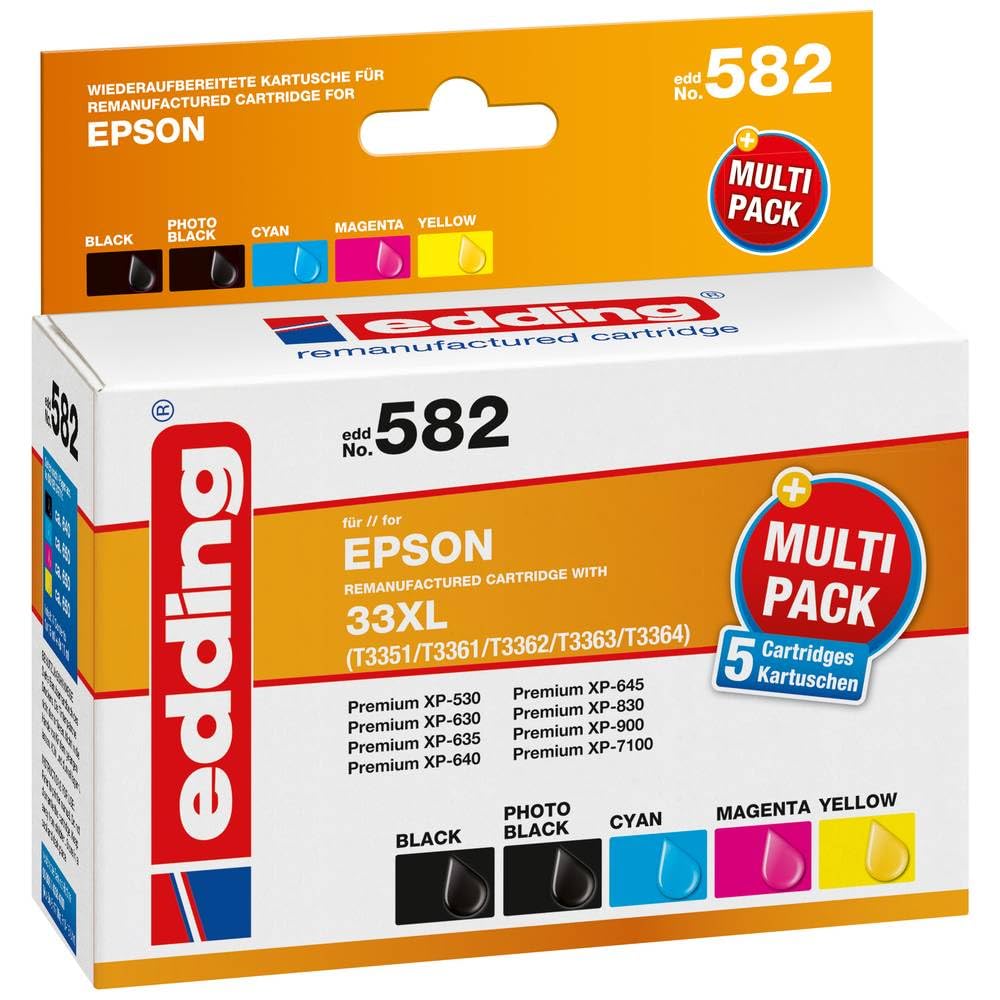 Edding Ink Cartridges EDD-582 Multipack 5 – Black, Black, Cyan, Magenta and Yellow – 1 x 15 ml + 4 x 12 ml – Range 2 x 640 3 x 650 Pages – Replaces Epson T33XL (T3351/61/62/63/64) )