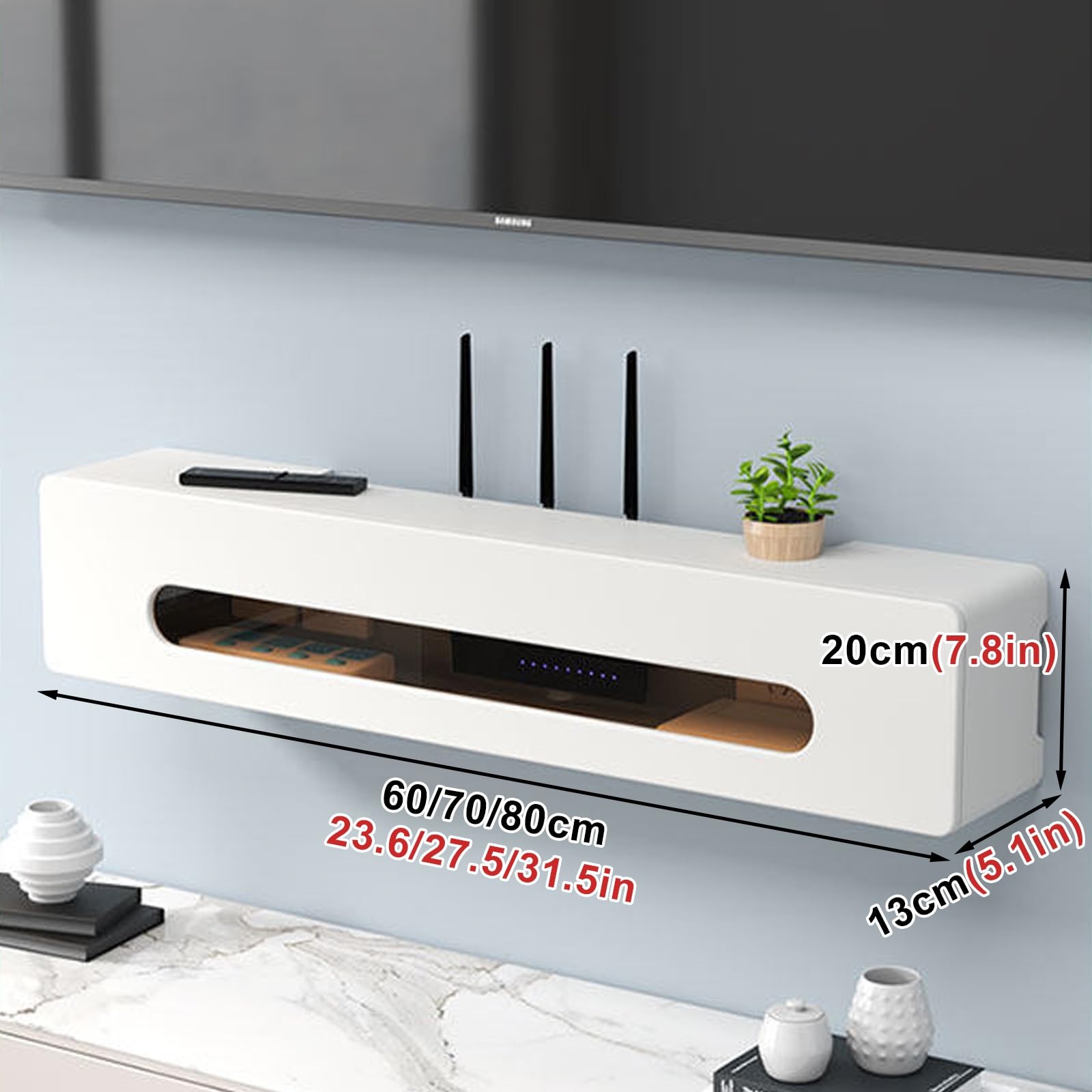 Scatola da parete per router WiFi, portaoggetti nascosto per decoder TV, router e cavo di alimentazione, supporto decorativo da parete perfetto per casa e ufficio (C 80 x 13 x 20 cm)
