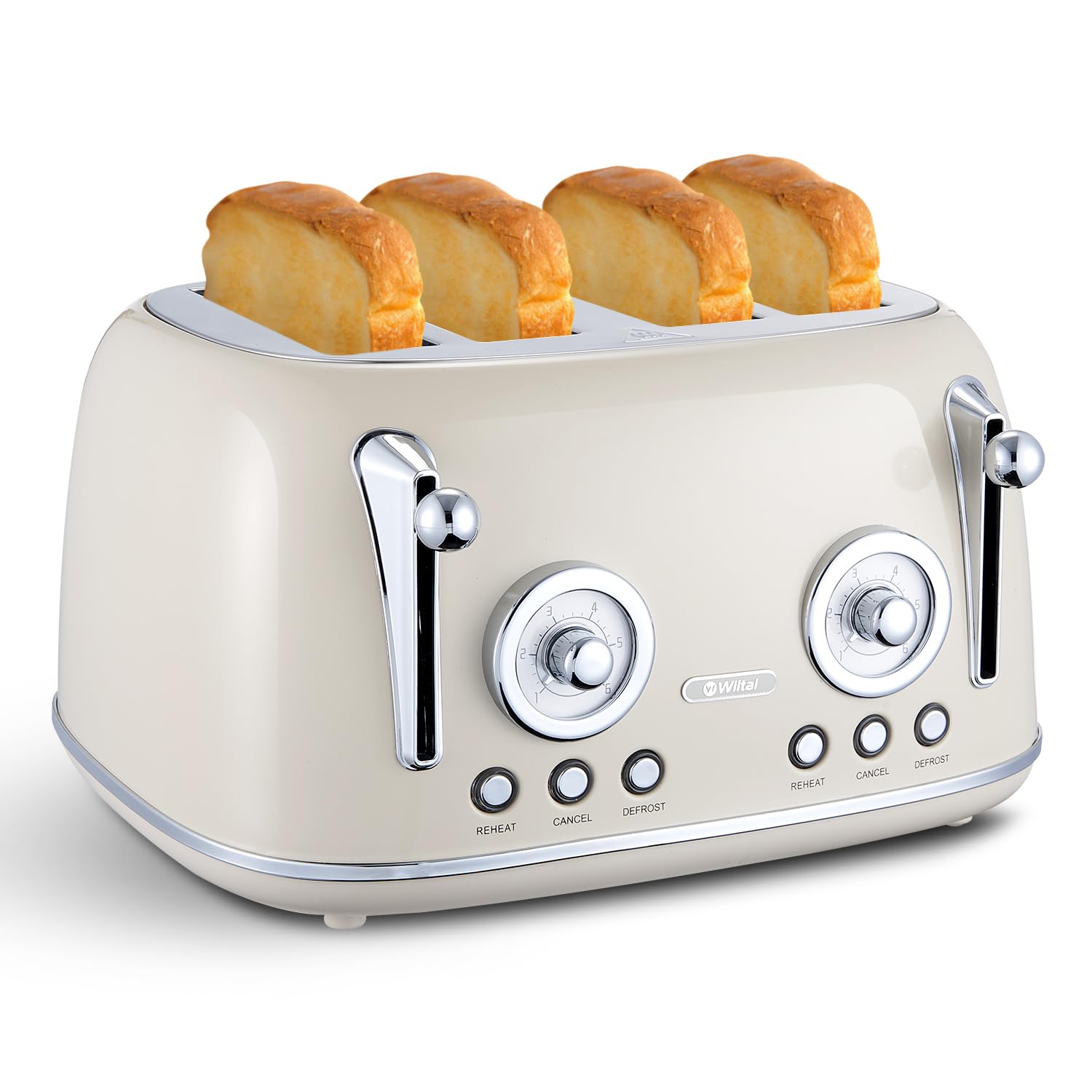 Wiltal Tostadora de 4 rebanadas, tostadora retro, carcasa de acero inoxidable, con accesorio integrado para panecillos, con tapa, grado de tostado 1-6, función de descongelación, bandeja recogemigas