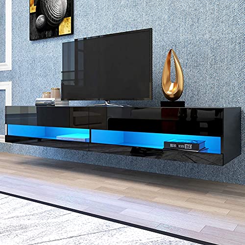 Favrison Floating TV Stand Cabinet with 20 Color LEDs for Up to 80inch Tvs, Wall Mounted TV Enterainment Centre with Long MDF for Living Room Media Console for Bedroom, Hotel (Black)