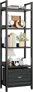 Furologee 5-Tier Industrial Bookshelf with Removable Drawer - Narrow Kitchen Bakers Rack, Tall Bookcase for Living Room, Bedroom Storage Black