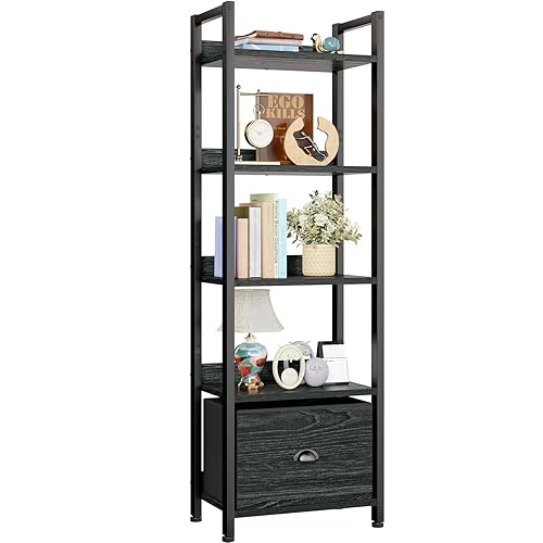 Furologee 5 Tier Bookshelf with Drawer, Kitchen Bakers Rack with