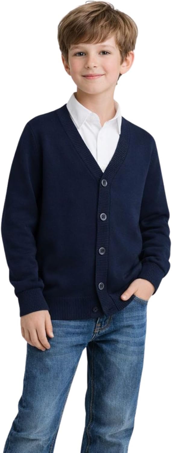 HILEELANG Kids Boy Girl School Uniform Cardigan Sweaters V-Neck Basic Solid Button Knitted Cardigan