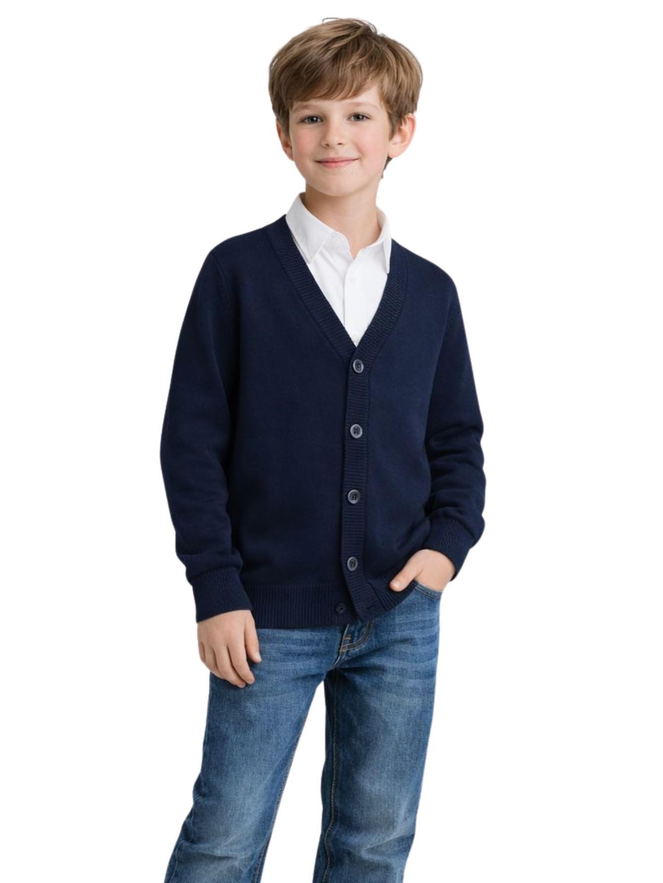 HILEELANG Kids Boy Girl School Uniform Cardigan Sweaters V-Neck Basic Solid Button Knitted Cardigan