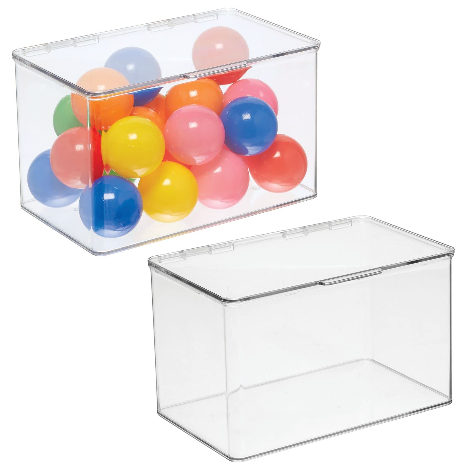 mDesignPlastic Playroom and Gaming Storage Organizer Box Containers with Hinged Lid for Shelves or Cubbies, Holds Small Toys, Building Blocks, Puzzles, Markers, Controllers, or Crayons, 2 Pack, Clear