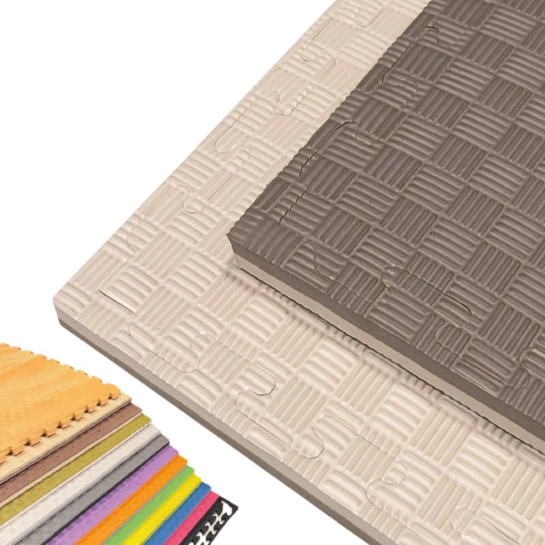 JOWY Tatami Puzzle 1x1m | 2 cm | Acabado F | Rojo/Negro, Marrón/Beige, Gris/Blanco, Lila/Naranja, Blanco/Verde Oliva, Verde/Amarillo, Rojo/Azul y Gris/Negro (Gris/Blanco, 2 Piezas (2 m²))