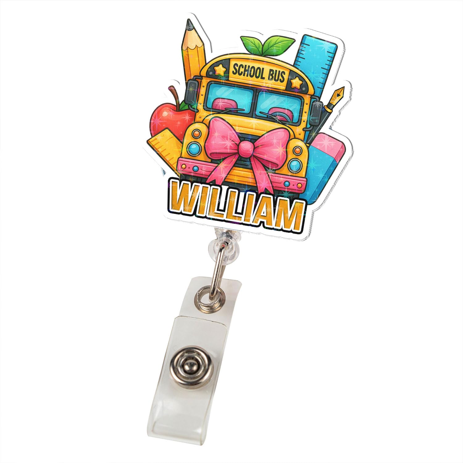 Personalized School Bus Driver Badge Reel, School Bus Shape Retractable Badge Holder Acrylic, Retractable ID Holder with Alligator Clips Yellow Back