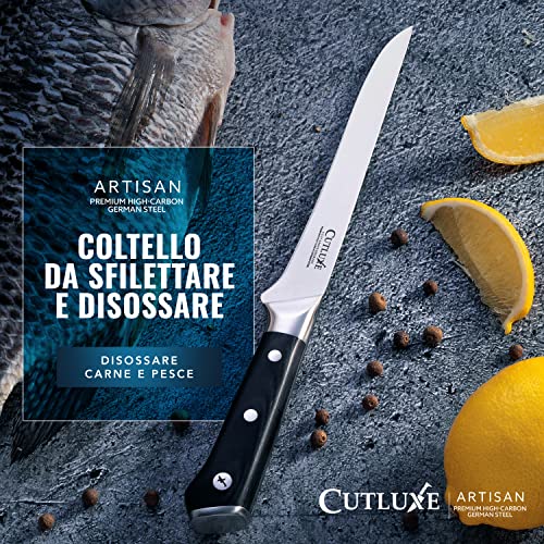 Cutluxe Coltello da Disosso Professionale, 15cm, Coltello per Sfilettare Pesce e Carne, Acciaio al Carbonio, Lama Affilata e Resistente, Artisan Series - immagine 5