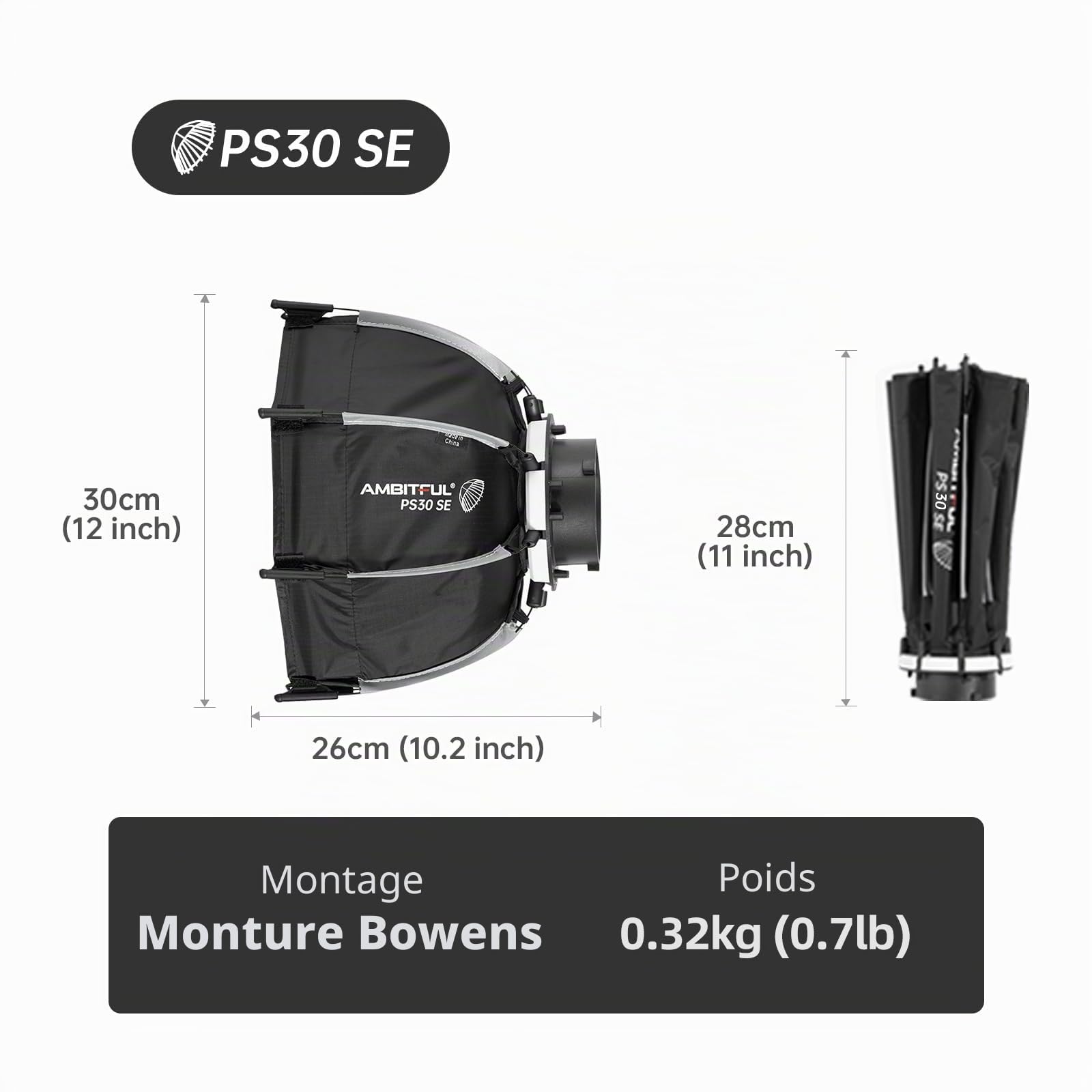 AMBITFUL Mini boîte à lumière à libération Rapide avec Support Bowens, Pliable, configurée avec diffuseurs, Grille nid d'abeille, Sac de Rangement