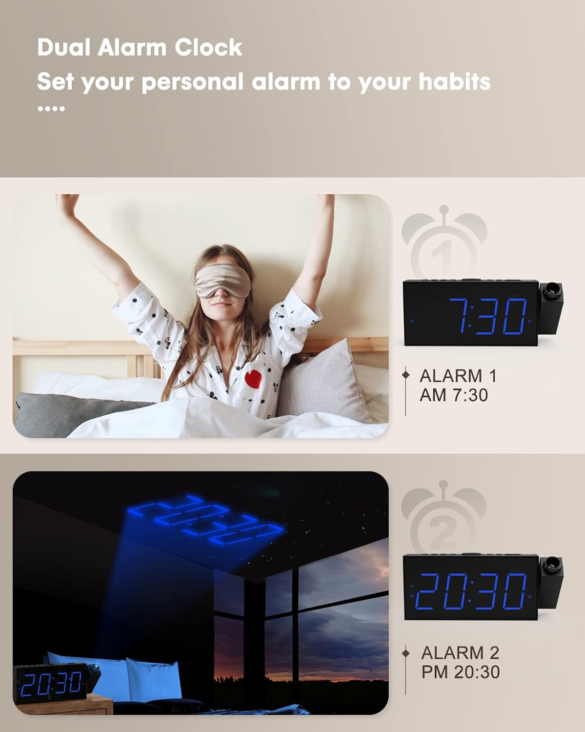 Projection Alarm Clock for Bedroom,LED Digital Clock Projection on Ceiling Wall with USB Phone Charging,Battery Backup,180°Projector& Dimmer,12/24H,DST,Snooze,Dual Loud Bedside Clock for Heavy Sleeper