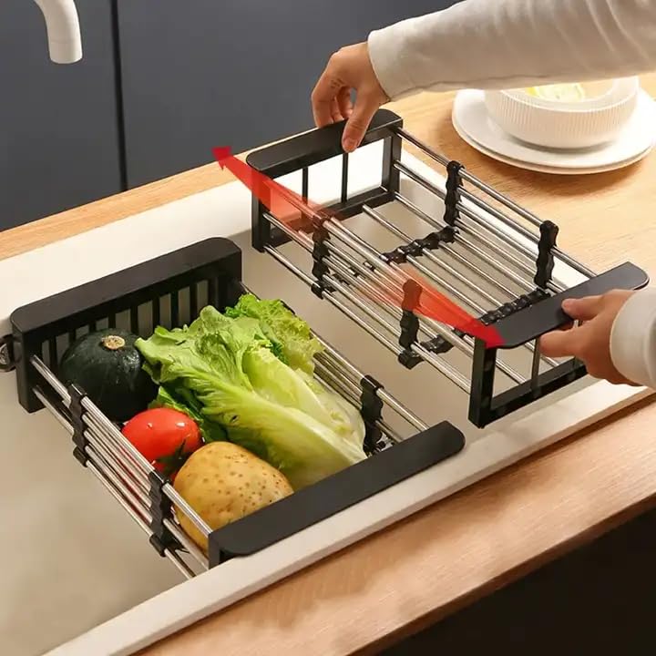 Planet Stainless Steel&ABS Plastic Sink Strainer/Drain Basket with Adjustable Armrest Kitchen Rack/Vegetable & Fruits Washing Organizer/Expandable Drain Rack Basket (Pack of 1 - Black) (B0CQYM2C3Q) Amazon Price History, Amazon Price Tracker