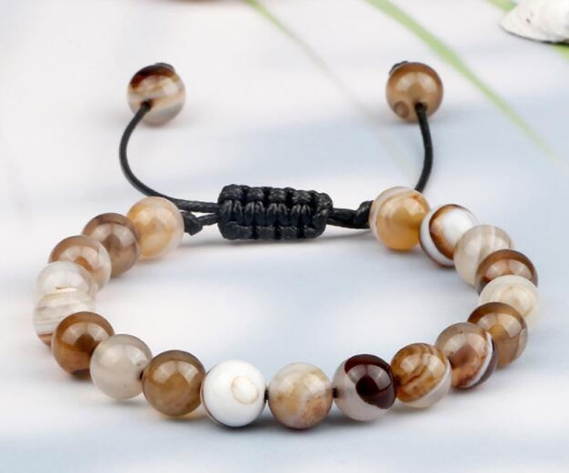 Armbänder Herren, Perlen-Kristall-Perlenarmband, Achat, Weiß, Beige, rund, geflochten, elastisch, Natursteine, 17 cm x 7 mm, 1 Stück für Geburtstag