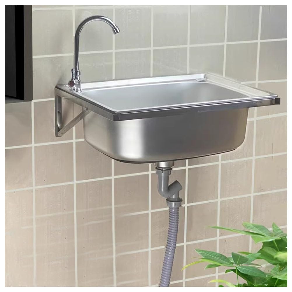 WDSOPK Stainless Steel Commercial Hand Washing Basin with Faucet, Wall Mount Hand Sink for Restaurant, Kitchen and Home (Silver 37x32cm)