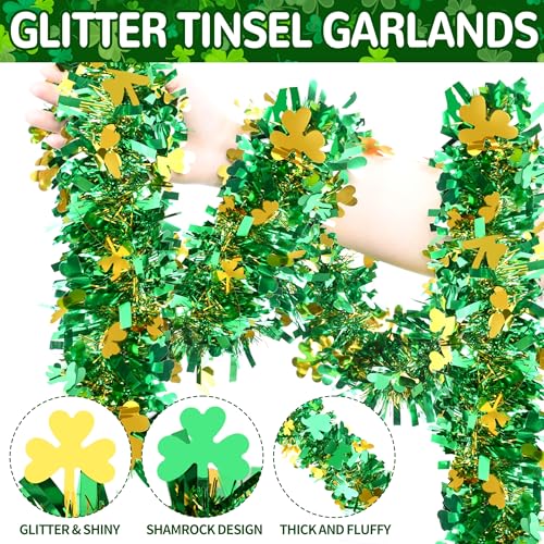 Image of 50FT St. Patrick's Day Tinsel Garland Shamrock Clover Green Gold Metallic Tinsel Twist Garland for Irish Saint Patricks Day Party Home Decor Indoor Outdoor Decoration