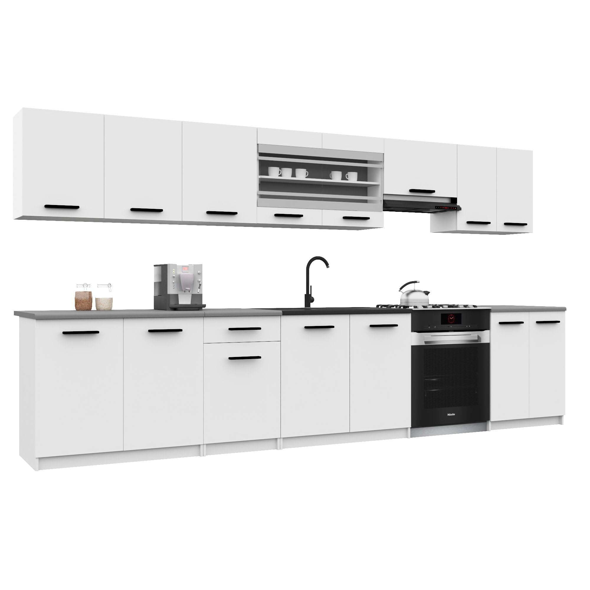 Belini Italia 3 Liniowa szafka kuchenna 320cm Biała Matowa | ECONATURA DECOR Liniowa szafka kuchenna, szafka, bez sprzętu AGD, z blatem roboczym