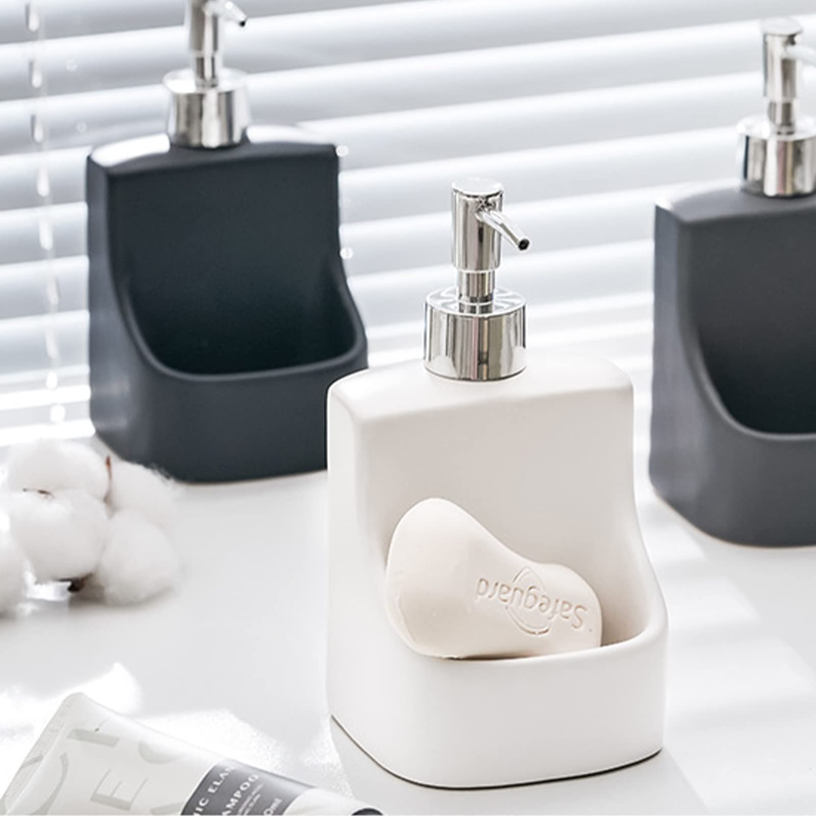 Ceramic Soap Dispenser with Sponge Holder – 10oz Refillable Liquid Dish or Hand Soap Pump Bottle for Kitchen or Bathroom Sink, 2-in-1 Countertop Organizer (White)