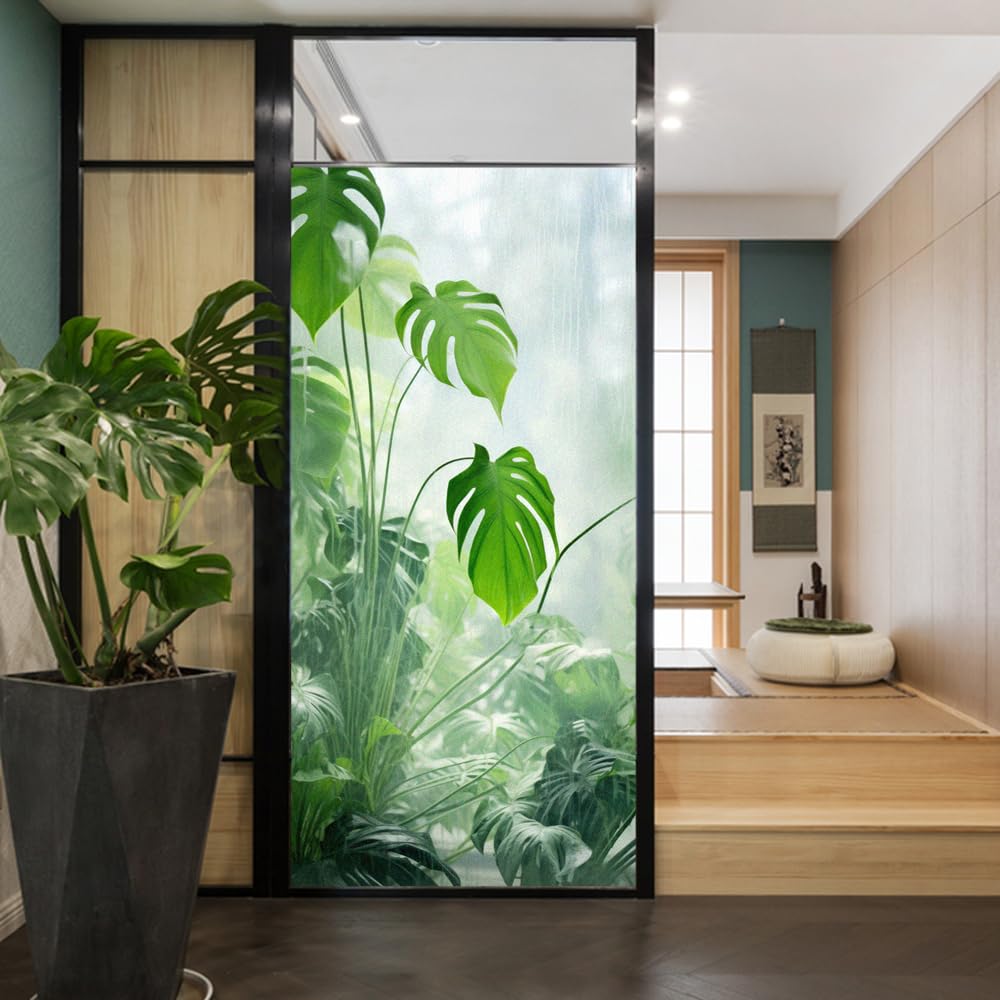 Privacy Window Film Green Plants Print Stained Glass Static Cling Window Treatments Window Coverings Glass Sticker Decorative Film for Siding Glass Door Home Decor 19.7