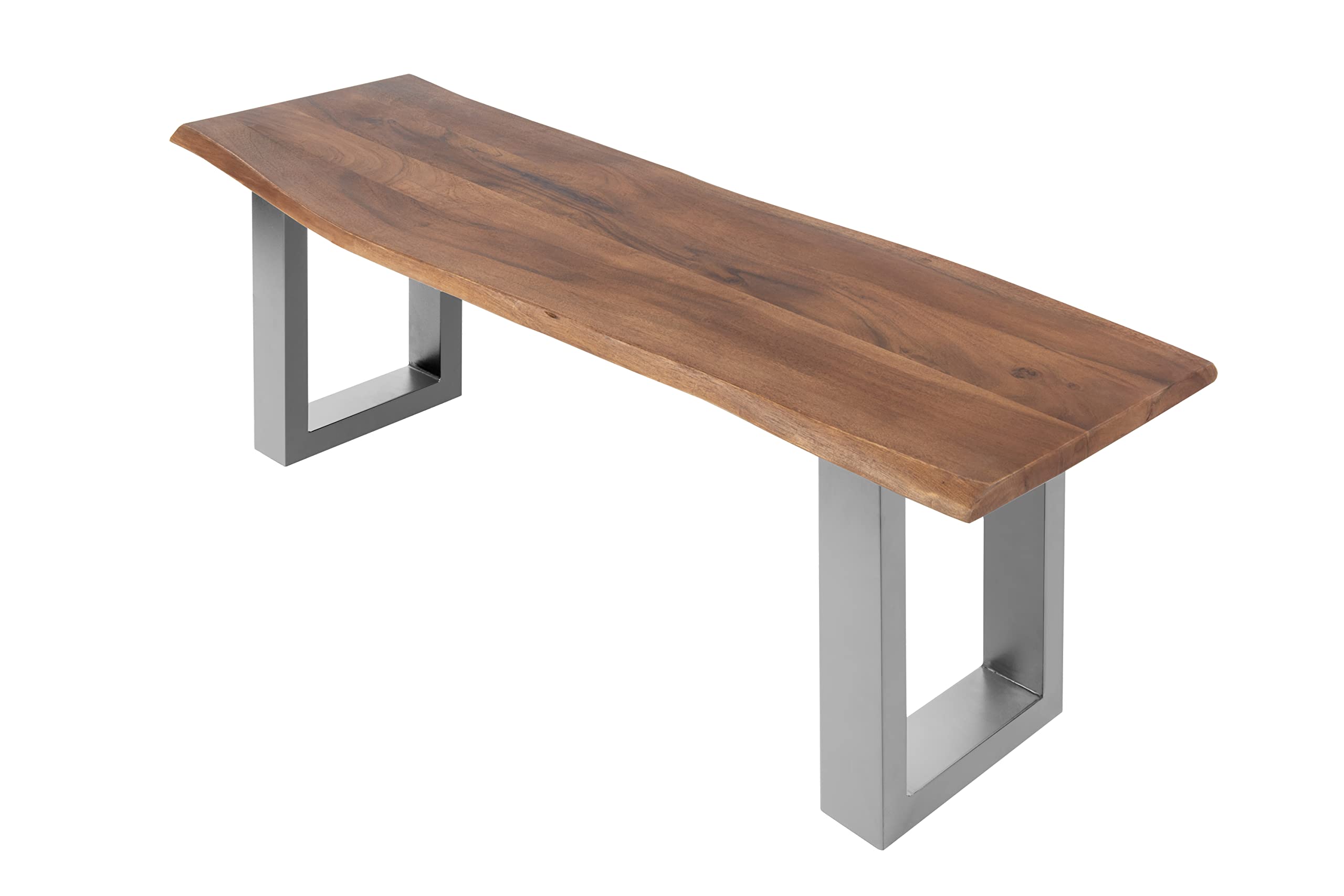 SAM Esszimmerbank 160x42 cm Chicago, Akazienholz nussbaumfarben, Massive Holzbank mit echter Baumkante, Baumkantenbank mit U-Gestell Silber, Sitzbank mit 26 mm Platte