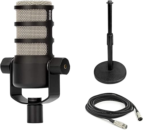 Rode PodMic Dynamic Podcast Micrófono con soporte de micrófono de escritorio Gator GFW-MIC-0501, cable XLR y paño de pulido StreamEye