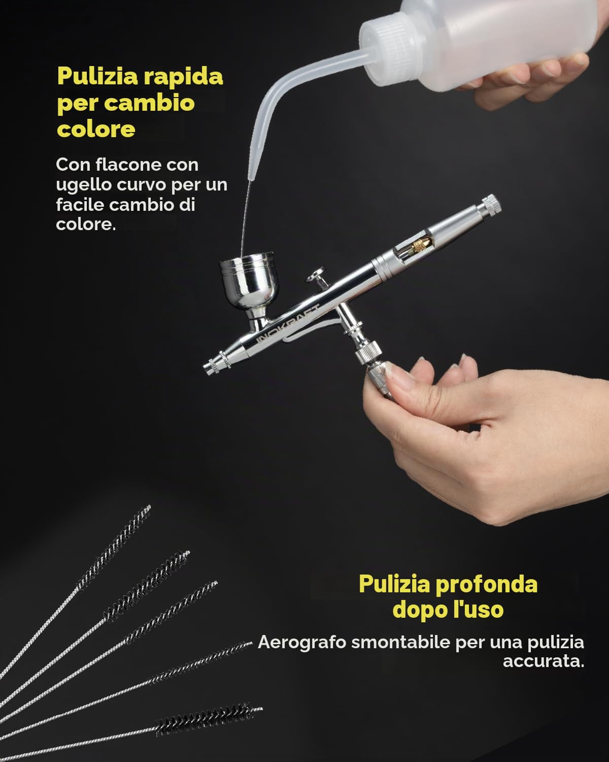 InoKraft Kit aerografo con compressore 1/6 HP silenzioso, pistola aerografo, 3 ugelli (0,2, 0,3 & 0,5 mm) tubo, supporto e istruzioni, aerografo per pittura modello, regalo per bambini 4 colori
