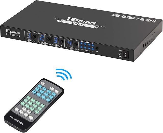 TESmart 4x4 Multi-viewer HDMI Matrix 4K Video Switcher 4K@30hz, HDCP, EDID, 4 in 4 Out Updated 4x4 HDMI Matrix Switcher Control by IR Remote, RS232