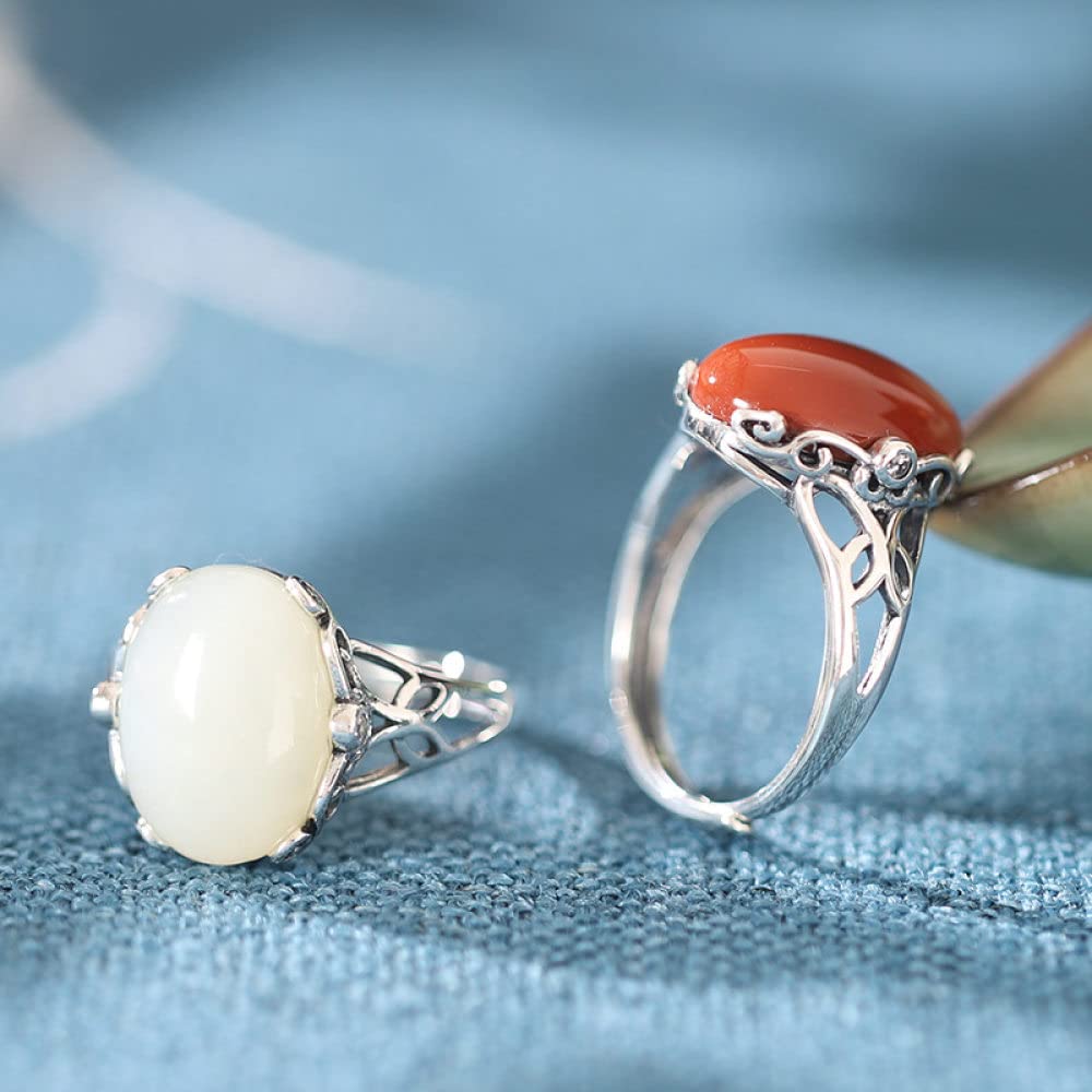 Verstellbarer Ring, Verstellbarer Ring Für Damen Blume Seitlicher Ausschnitt 925Er Sterling Silber Ring Natürlich Micropaved Oval Roter Achat Retro-Edelstein Energie Charm Hochzeitsschmuck Geschen