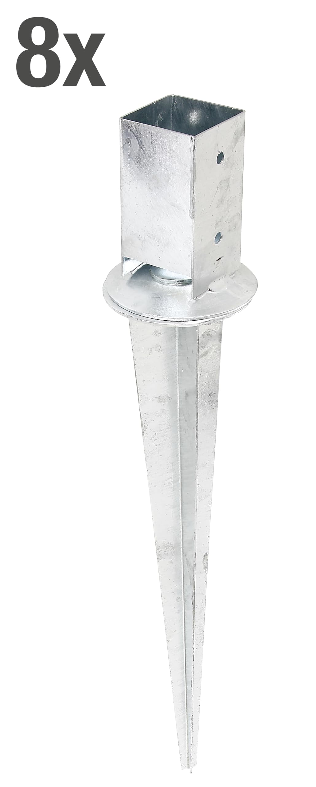 Alberts 208103 Juego de 8 casquillos de suelo | para postes cuadrados de madera con maceta ajustable | galvanizado en caliente | 71 x 71 mm | longitud total 750 mm