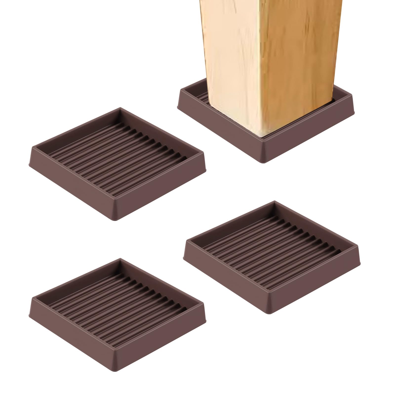 Swpeet 4Pcs 2" x 2" Square Brown Rubber Anti Skid Caster Cups Non Slip Furniture Pads Kit, Anti-Slip Gripper - Image 2
