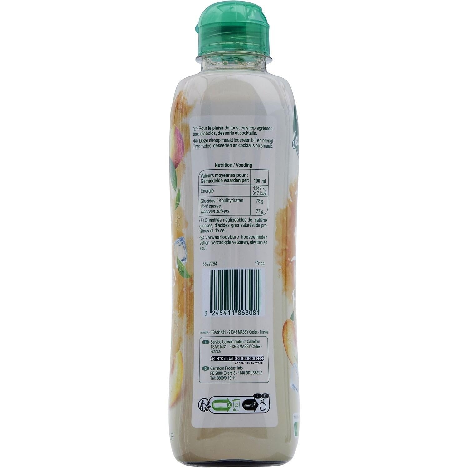 CARREFOUR SENSATION Sirop Thé Pêche, bouteille de 75 cL, concentré à diluer avec extrait de thé et jus de pêche, rafraîchissant et savoureux - Lot de 3