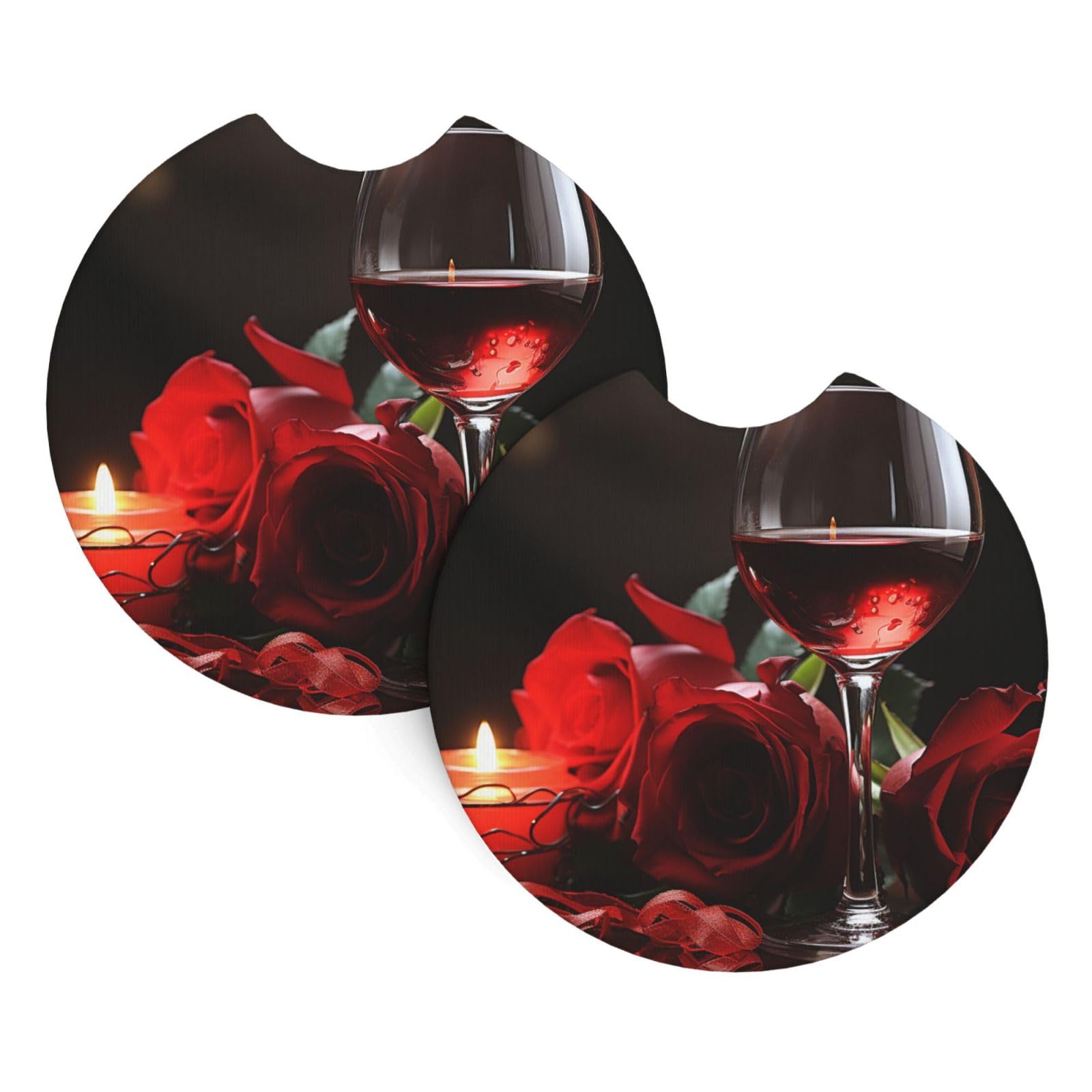 2 Pack Car Coaster for Cup Holders Red Rose Wine Glass and Candle Car Cup Coaster 2.7" Neoprene Non-Slip Automotive Cup Mat Universal Auto Car Interior Accessories for Women Men Cup Pad