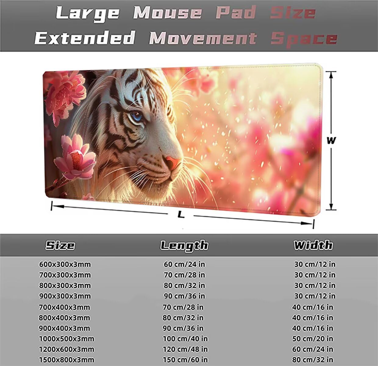 Gamingowa podkładka pod mysz, motyw zwierzęcy, tygrys, podkładka pod mysz XXL 1500 x 800 x 3 mm, odporna na warunki atmosferyczne, antypoślizgowa, poprawia precyzję i prędkość, akcesoria gamingowe do