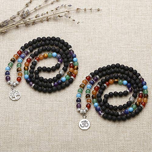 Jovivi 6Mm Mala Beads 108 Lava Rock 7 Chakra Tree Of Life/Hamsa/Om/Lotus/Elephant Meditation Bracelet Necklace #TOP1