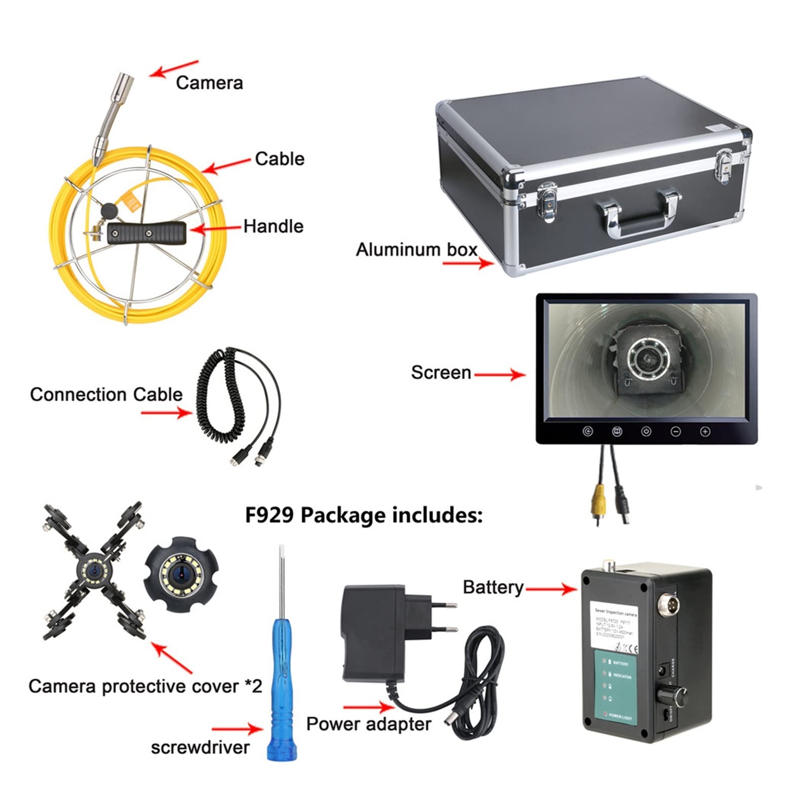 Telecamera di ispezione Periscopio Industriale Monitor da 9" Videocamera per ispezione di Tubi 20/50M, IP68 HD 1000TVL Sistema di endoscopio Industriale per con
