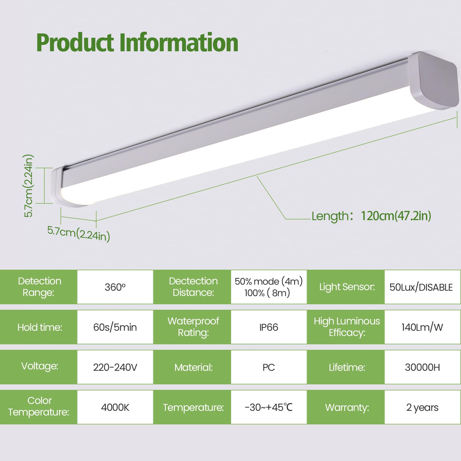 LEZOE Lámpara LED estanca con detector de movimiento IP66 120CM, 30W 4200Lumen (140Lm/W) Lámpara de techo LED con sensor, IP66 impermeable para baño, almacén, sótano, garaje, taller, cocina 4000K