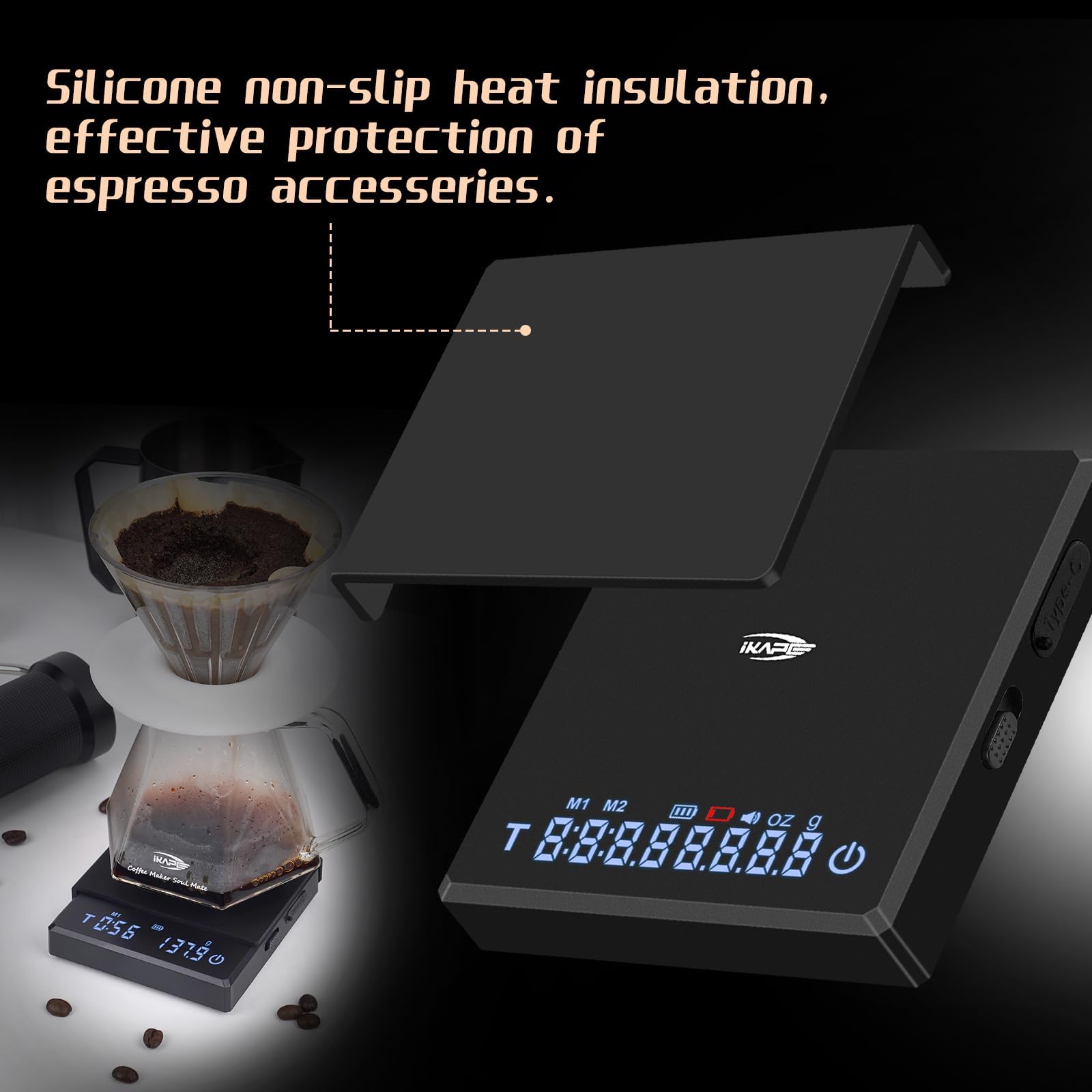 IKAPE Mini báscula digital de café con temporizador, 2 kg/0,1 g, alta precisión, recargable, báscula de cocina con función de tara, pantalla LED