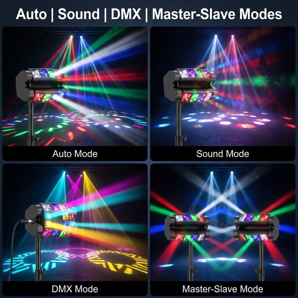 QWORK Spider, luci da DJ a testa mobile, 8 x 3 W RGBW, fascio di luce a 540 gradi, asse XY con 4 modalità di illuminazione, DMX512 attivata dal suono, per discoteca, karaoke, feste, palcoscenico
