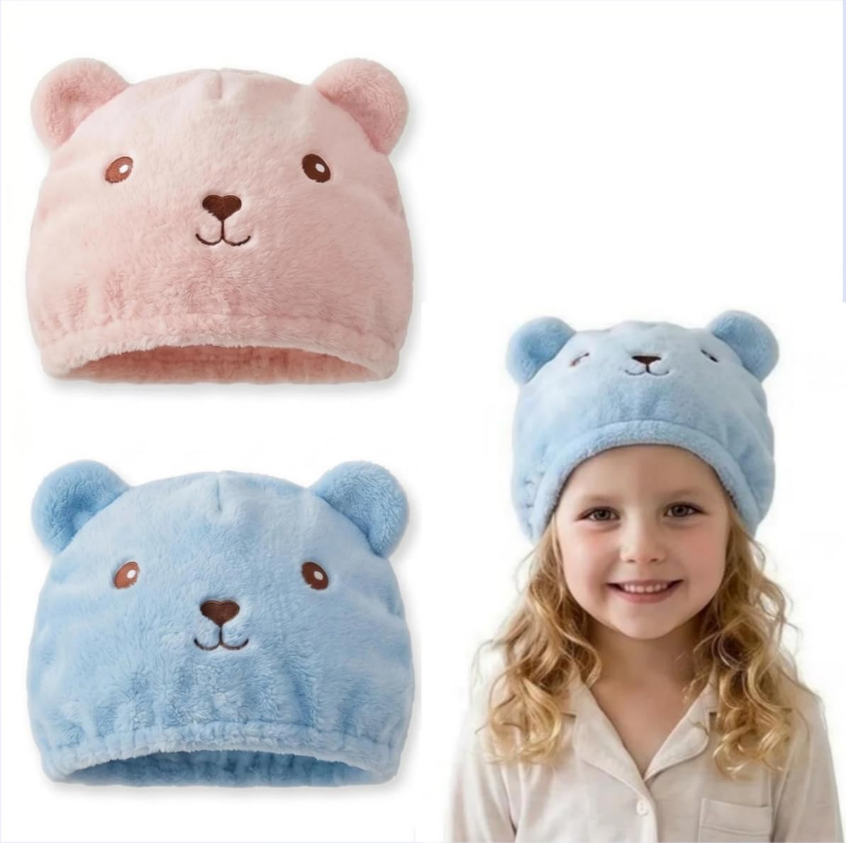MIGIFTDY 2 Pack Cute Bear Hair Towel Wraps, Microfiber Coral Fleece Quick-Dry Hair Towels, Absorbent Hair Turban Head Towels for Women and Kids, Pink and Blue