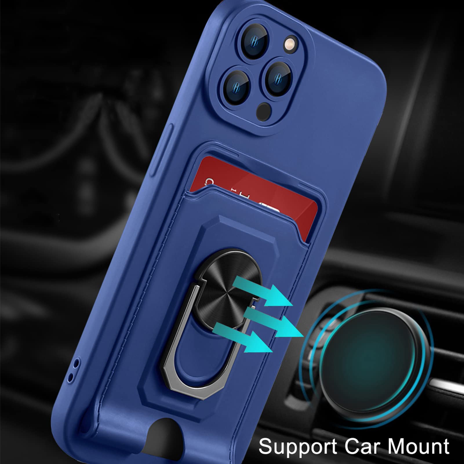 Cover per iPhone 14/14 Pro/14 Plus/14 Pro Max,Sottile Custodia, Protezione Lenti,PC E Silicone,Magnetico Anello Slot Per Schede Con Cordino,Per Ricarica Wireless,Blu,14 pro 6.1''