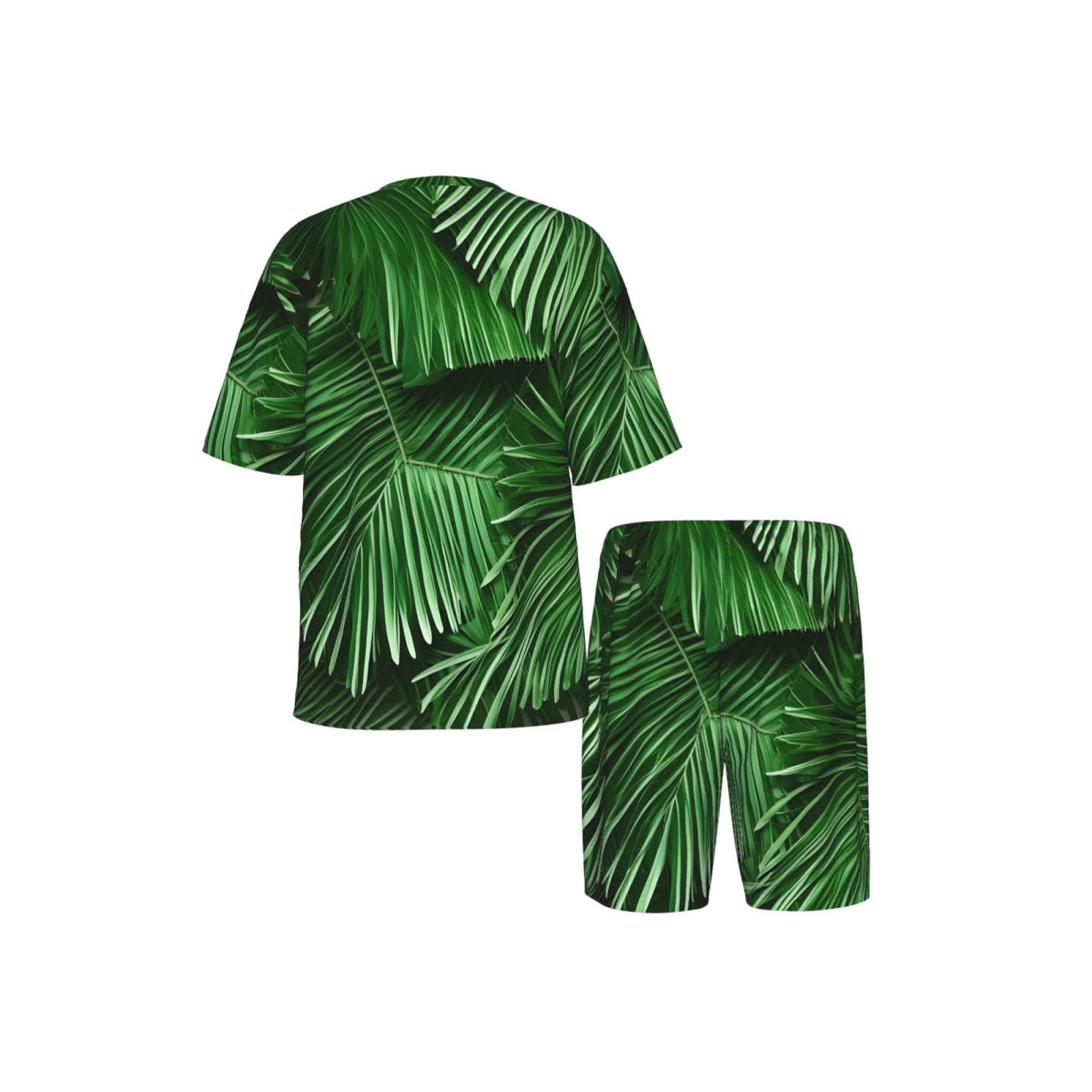 Bonito conjunto de pijama clásico con estampado de hojas de palma verde para hombre, pantalones cortos de pijama suaves para hombre, perfecto para las noches de verano