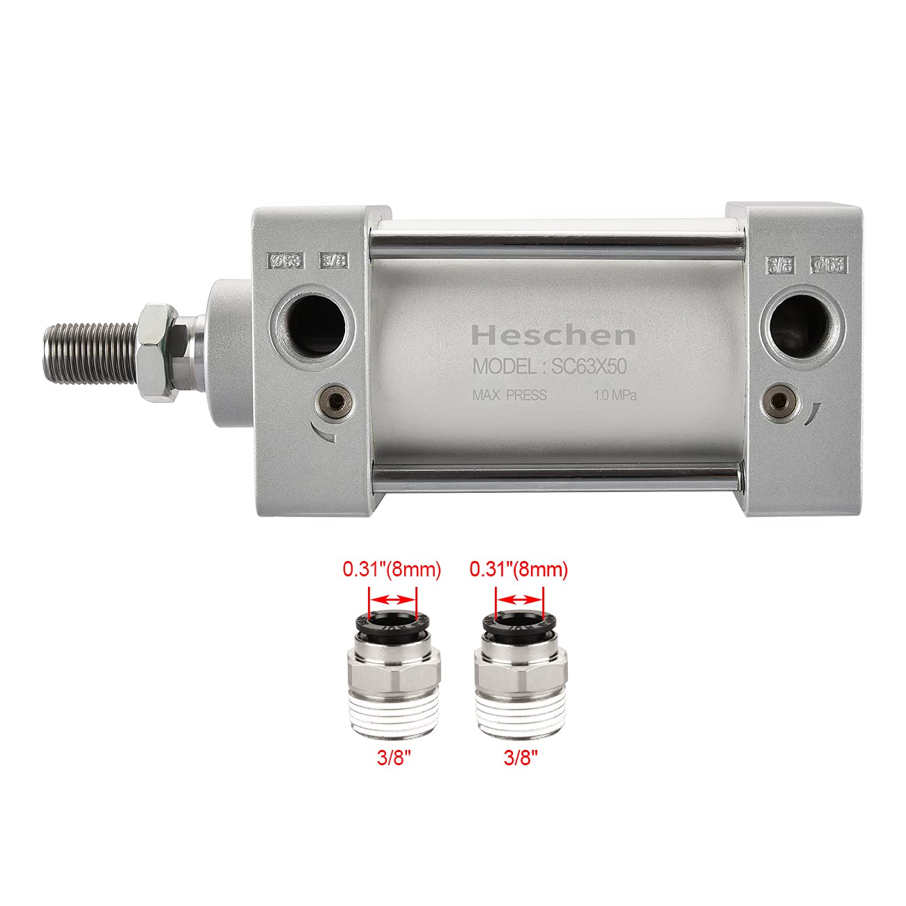 Heschen Tie-Rod Pneumatic Air Cylinder, SC 63-50, 63mm Bore, 50mm Stroke, PT 3/8 Port, Double Acting, Adjustable Cushion, Self-Lubricating Actuator for Industrial & Woodworking