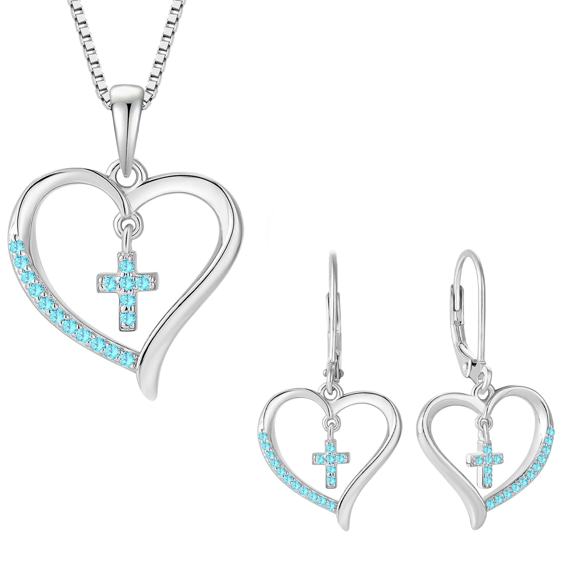 Vesitim 18K White Gold Plated Sterling Silver Cross Jewelry Set Created Aquamarine Jewelry