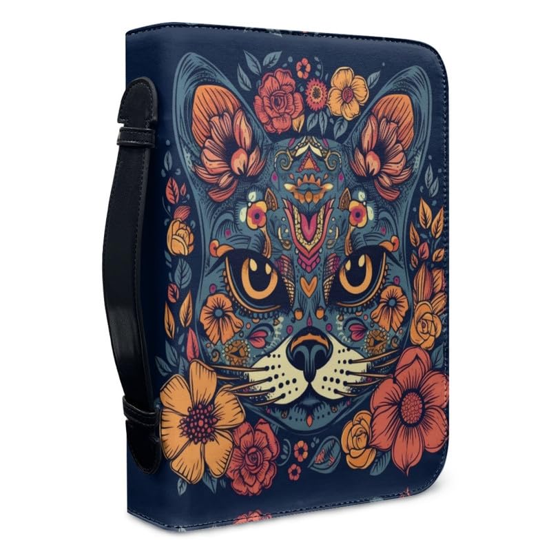 Kuiaobaty Novelty Cat Floral Book Sleeve Cover with Handle, Tribal Kitty Zipper PU Leather Carrying Case for Women — image 1