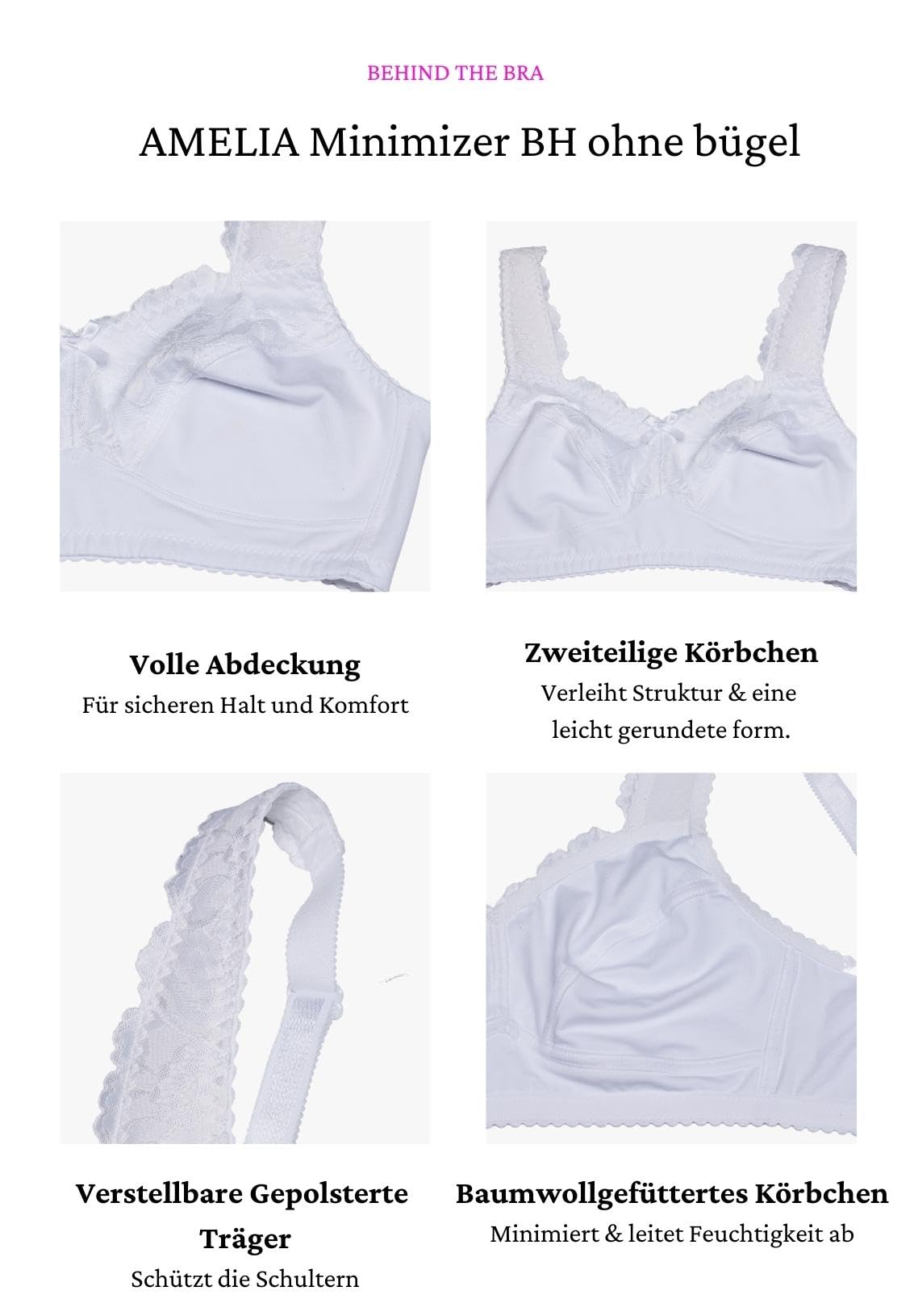 Soutien-gorge femme Amelia sans armatures coton blanc - Soutien-gorge de soulagement B-F XXL grandes tailles - Soutien-gorge minimiseur - Soutien-gorge large bretelles