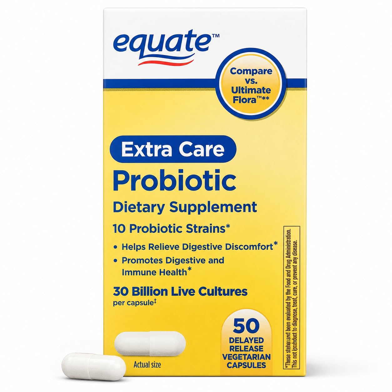 Equate Extra Care Multi Strain Probiotic Capsules for Gut Health, 50 Count