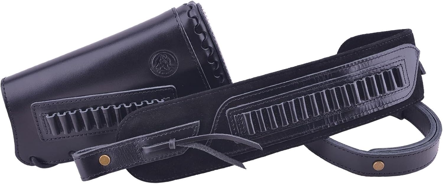 Leather Gun Buttstock Cheek Rest Pad with Matched Sling Ammo Holder for .30-30 .357 .38 .45-70 Cartridge