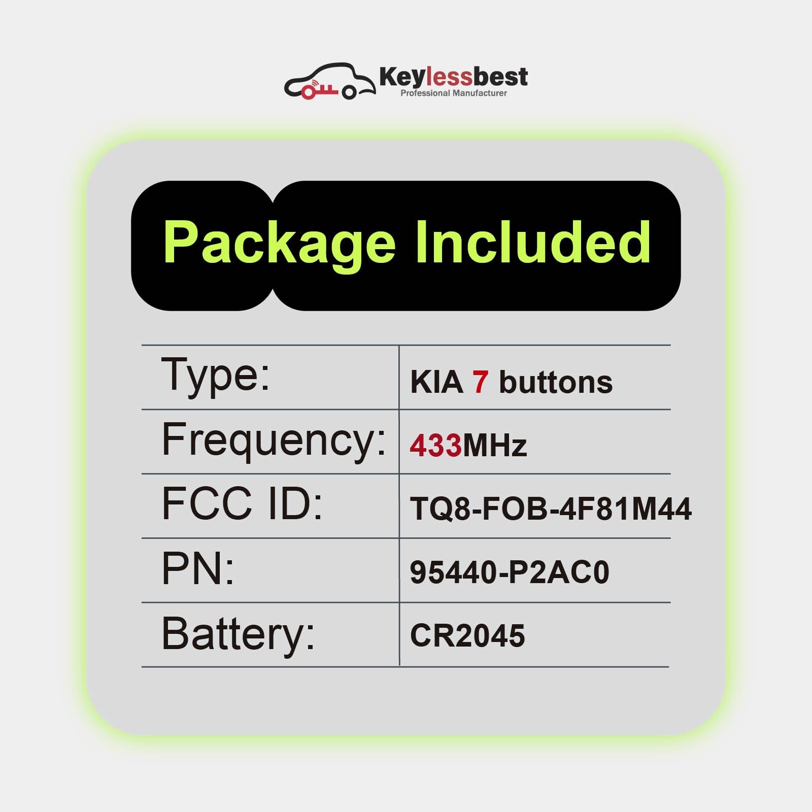 Ricambio per telecomando Kia Sorento Hybrid 2024 TQ8-FOB-4F81M44 7 pulsanti 433 MHz, nero