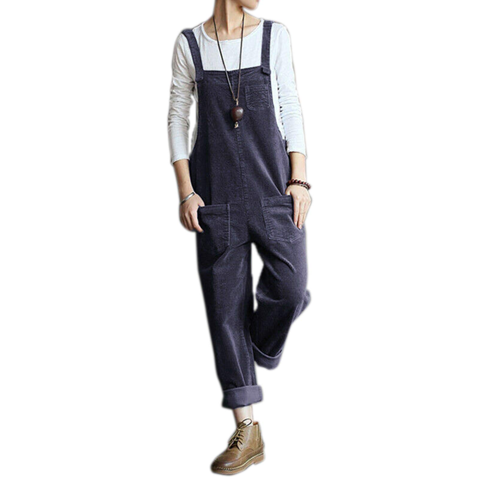 Keephen Women's Navy Blue Corduroy Jumpsuit Literary Art Vintage Adjustable Shoulder Strap Sleeveless Overall Jumpsuits Dungarees