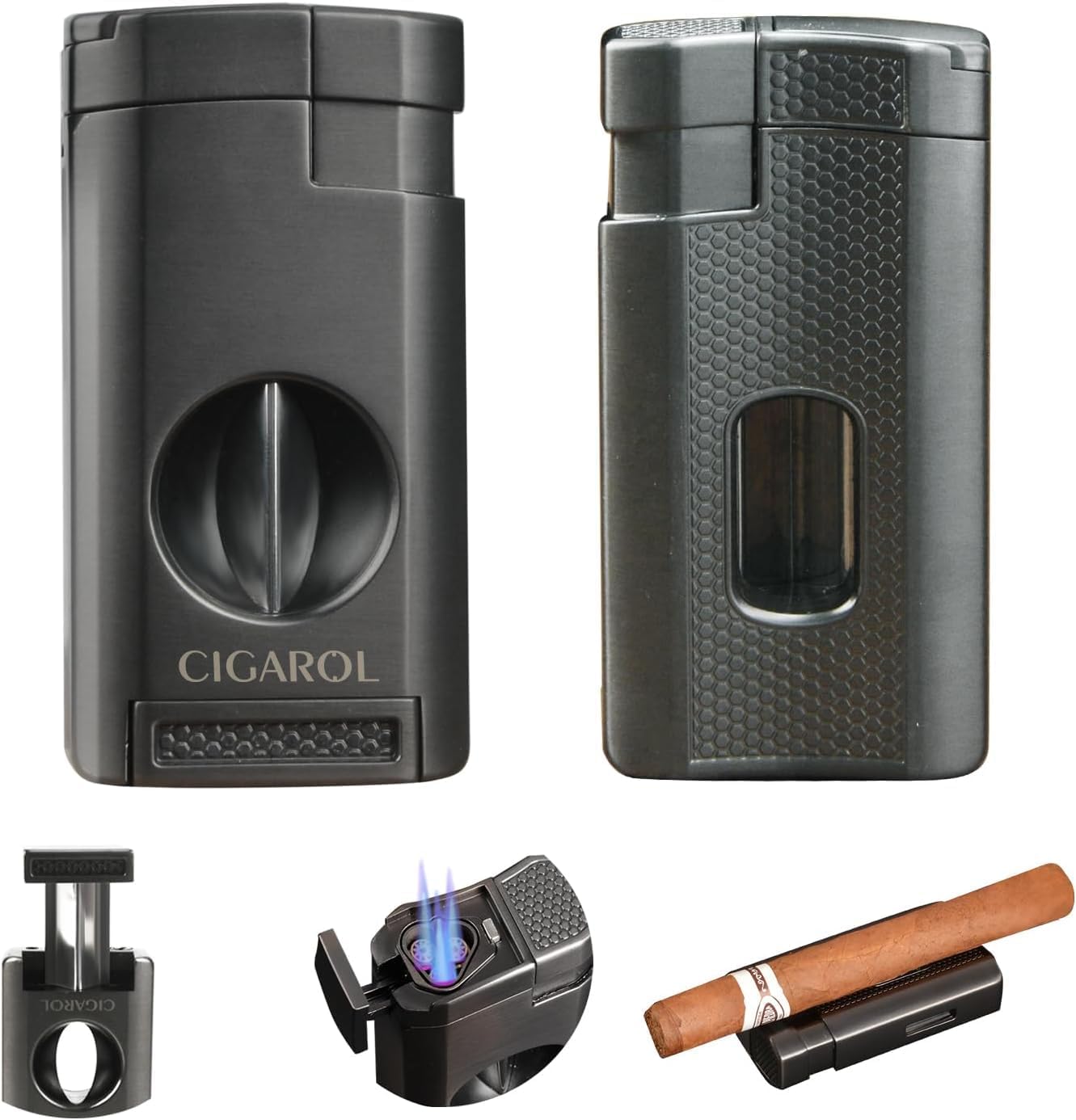 Leather Cigar Travel Humidor Case, Portable Cigar Humidor Box with Built-in Humidifier, Includes 3-in-1 Cigar Lighter Accessories, Holds 6 Cigars, Premium Travel Gift Set for Men (Black)