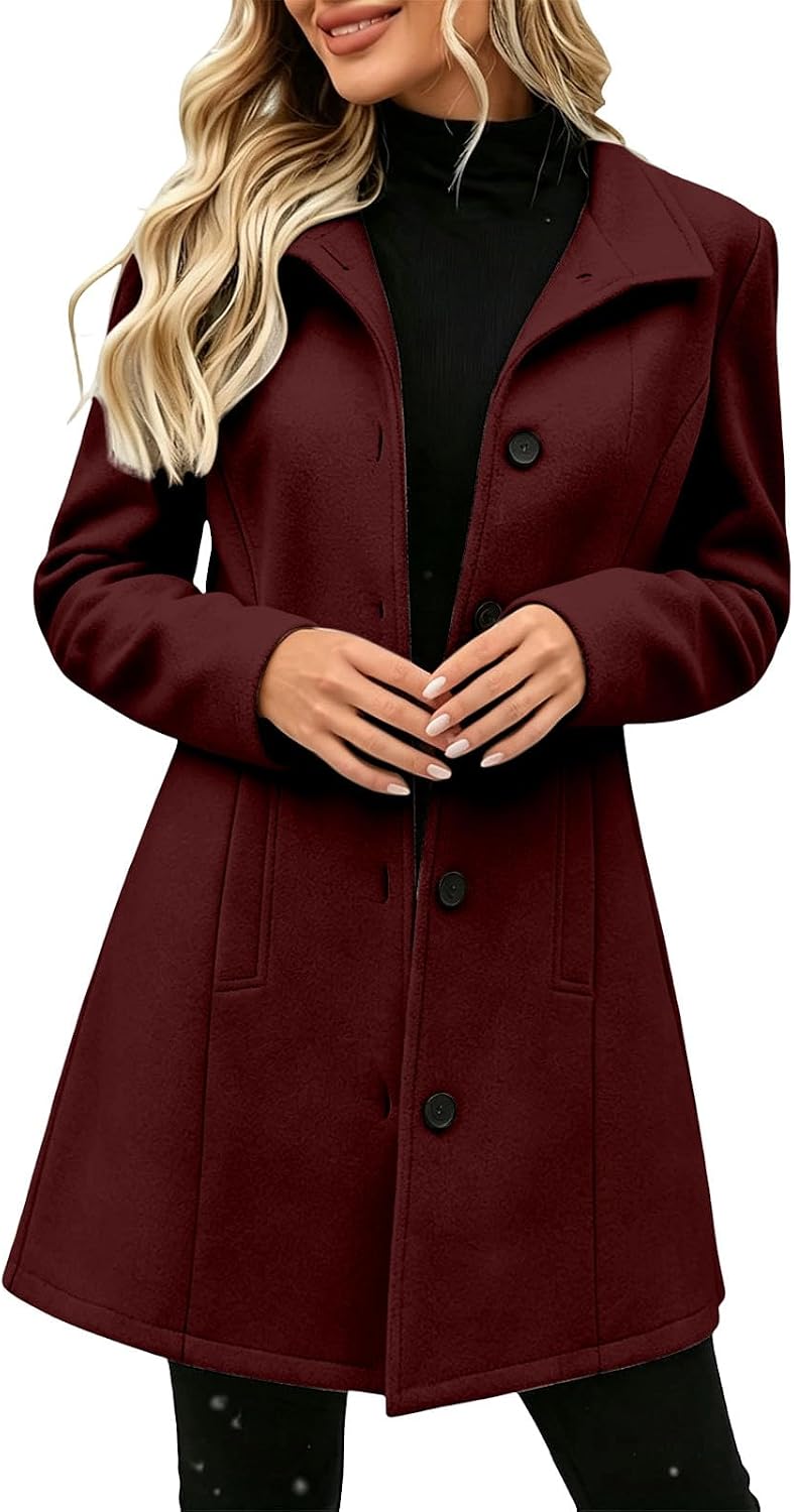 Women's Button Front Coat Long Sleeve Collared Classic Long Jacket